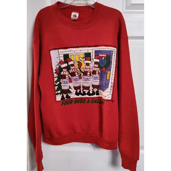 Fruit of the Loom Other - Budweiser sweatshirt large Christmas red vintage Four Buds A Calling ✔️ pics USA
